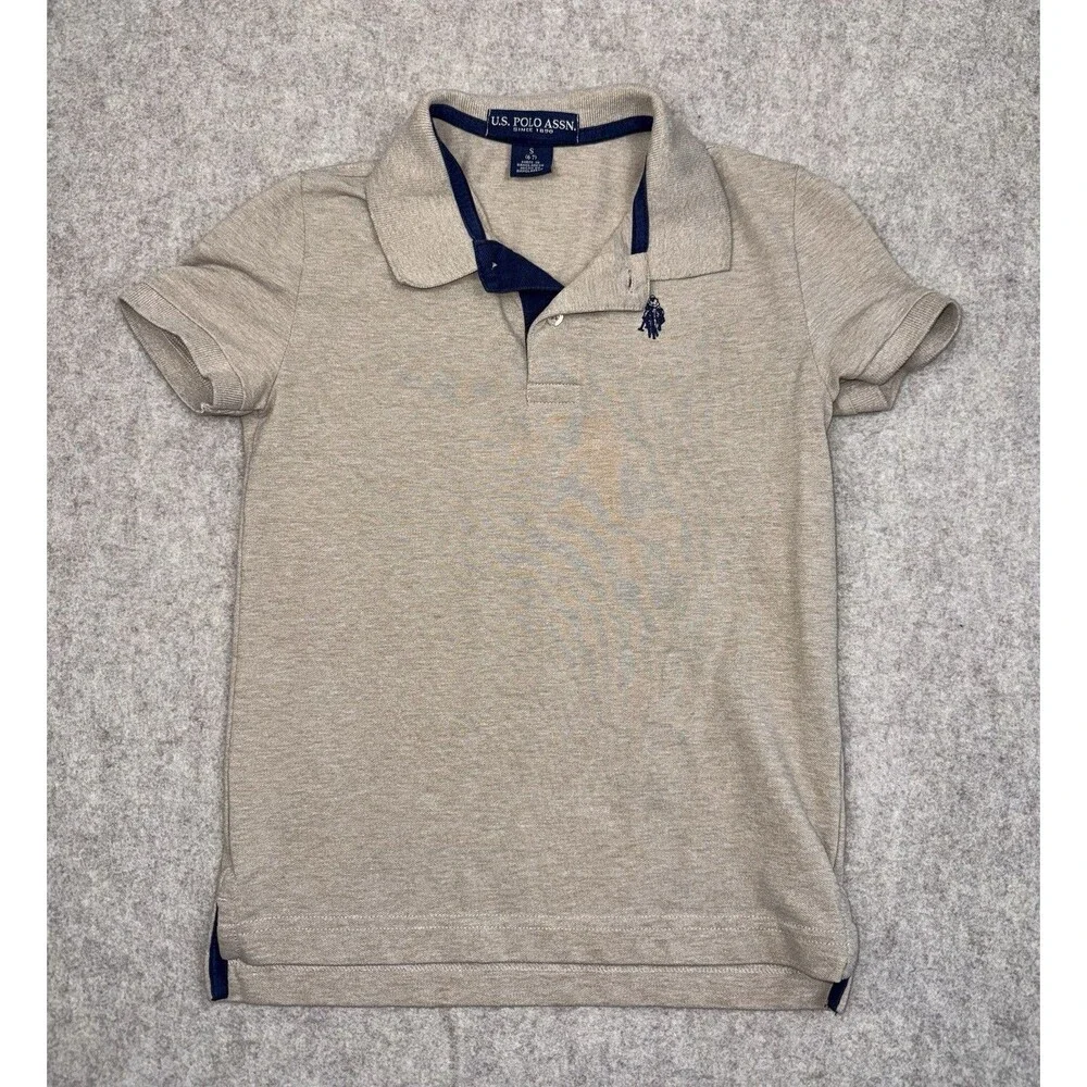 U.S. Polo Assn. Boys S (6-7) Beige/Navy Solid Polo Short Sleeve Logo